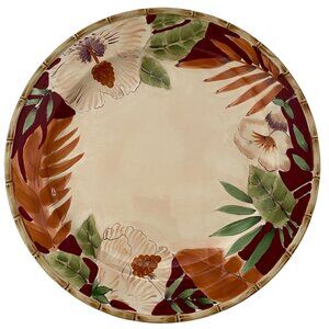Home Trends Hibiscus  flower 15" Round Platter Tray Dish Bamboo Edge Mint